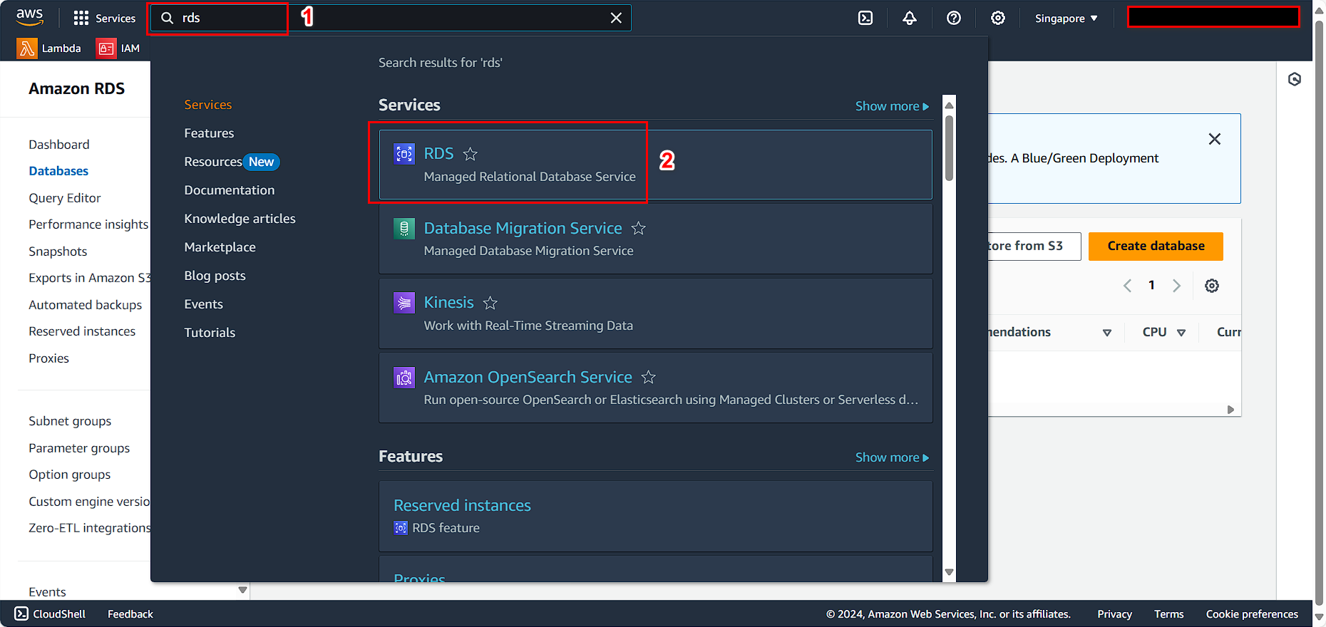 RDS Console Navigation